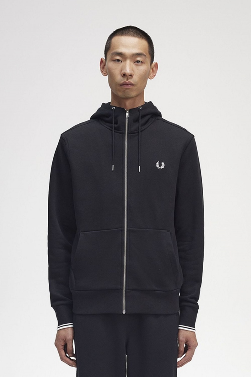 Fred Perry Hooded Zip Through Men\'s Sweatshirts Black | IFJXL8302