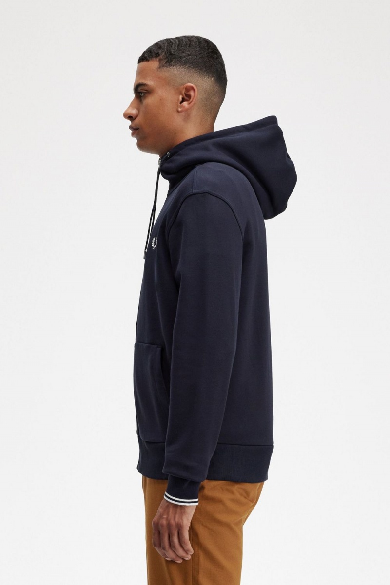 Fred Perry Hooded Zip Through Men's Sweatshirts Navy | PENVI1976