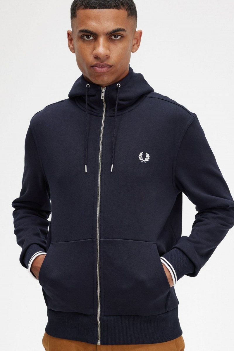 Fred Perry Hooded Zip Through Men's Sweatshirts Navy | PENVI1976