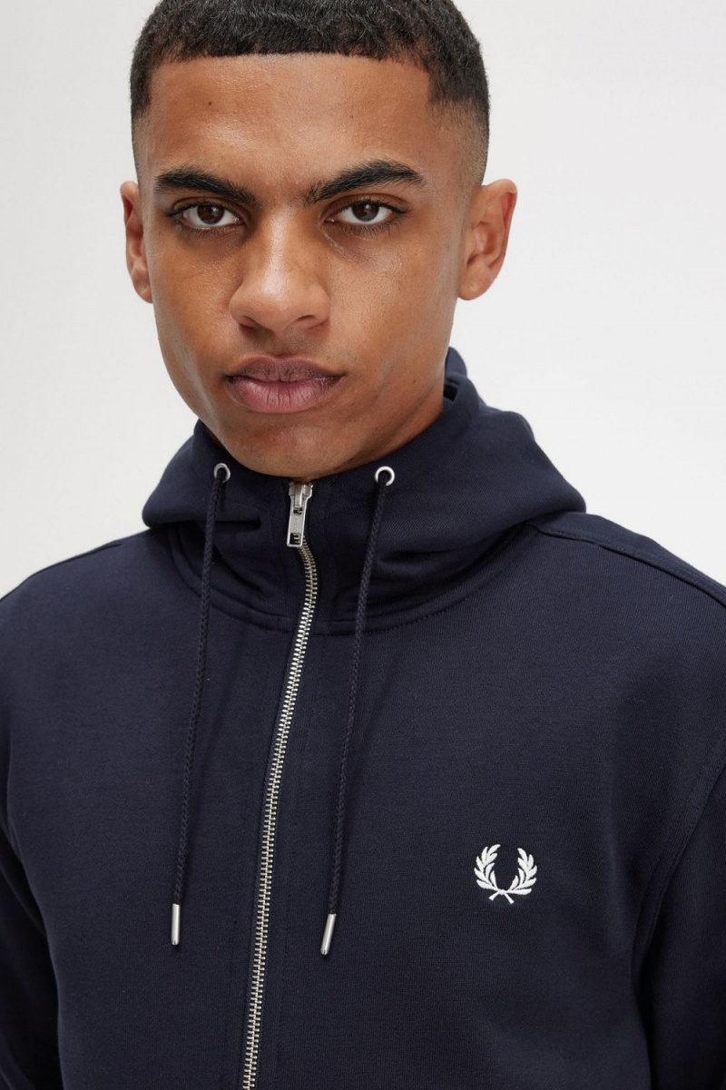 Fred Perry Hooded Zip Through Men's Sweatshirts Navy | PENVI1976