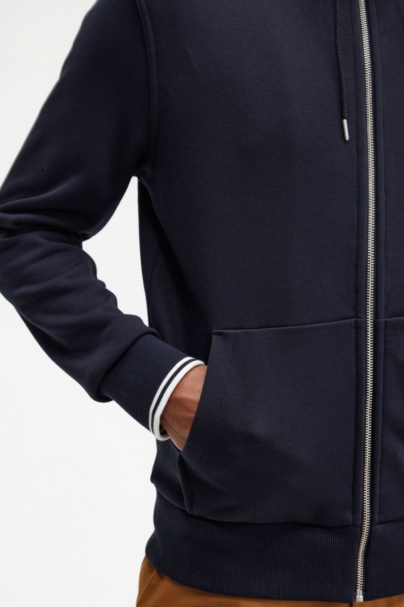 Fred Perry Hooded Zip Through Men's Sweatshirts Navy | PENVI1976