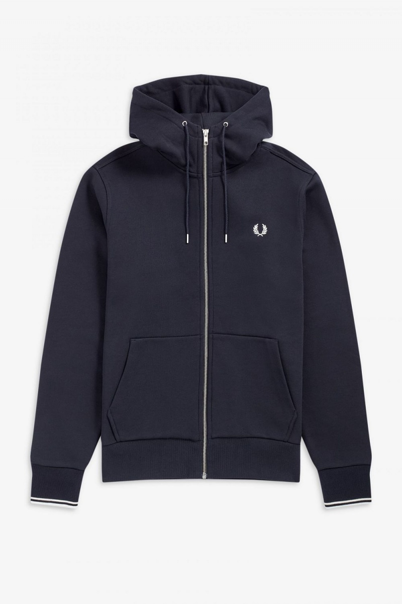 Fred Perry Hooded Zip Through Men's Sweatshirts Navy | PENVI1976