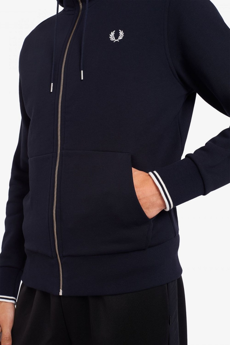 Fred Perry Hooded Zip Through Men's Sweatshirts Navy | PENVI1976