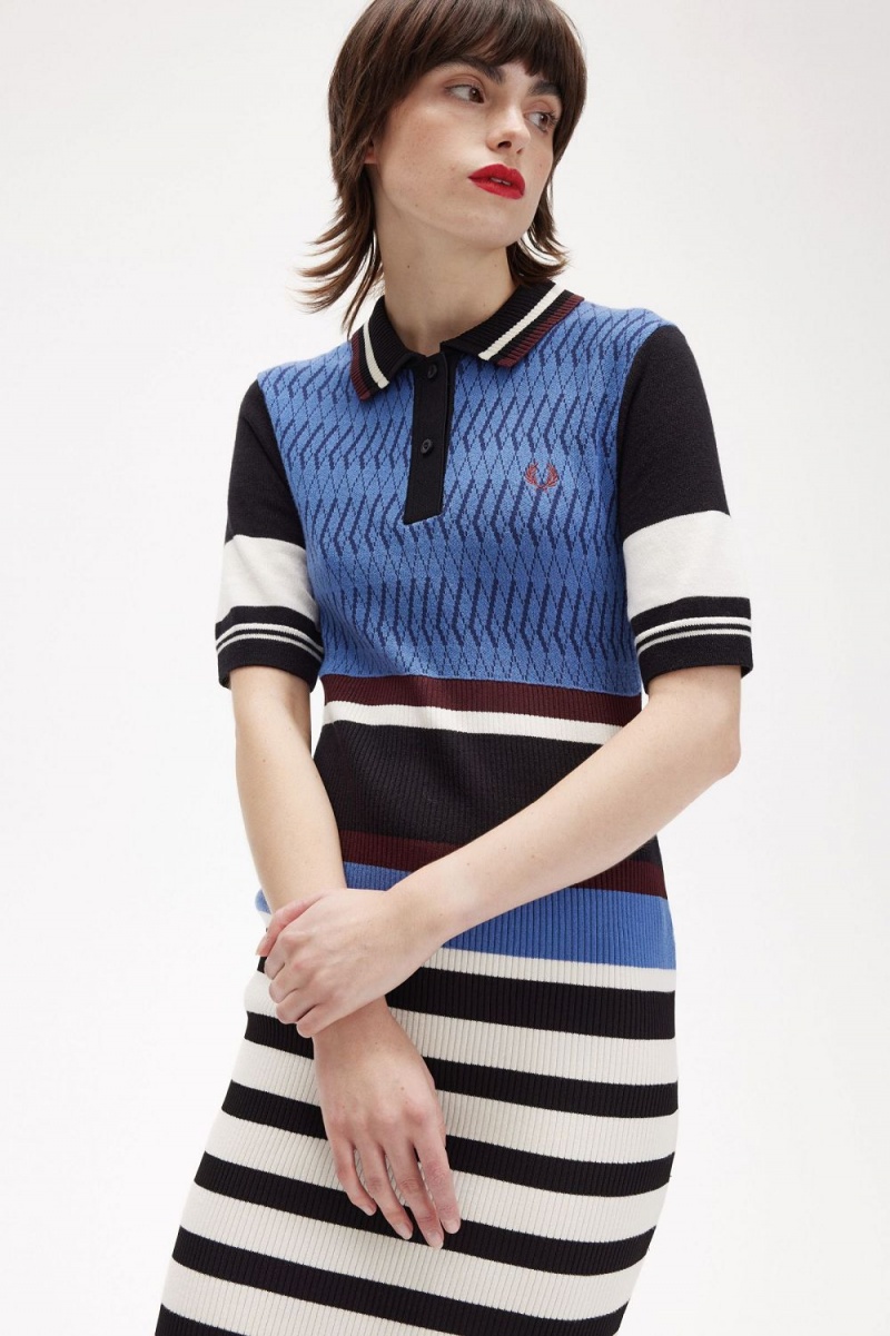 Fred Perry Jacquard Knitted Stripe Women's Dress Twilight Blue | QJMKX9468