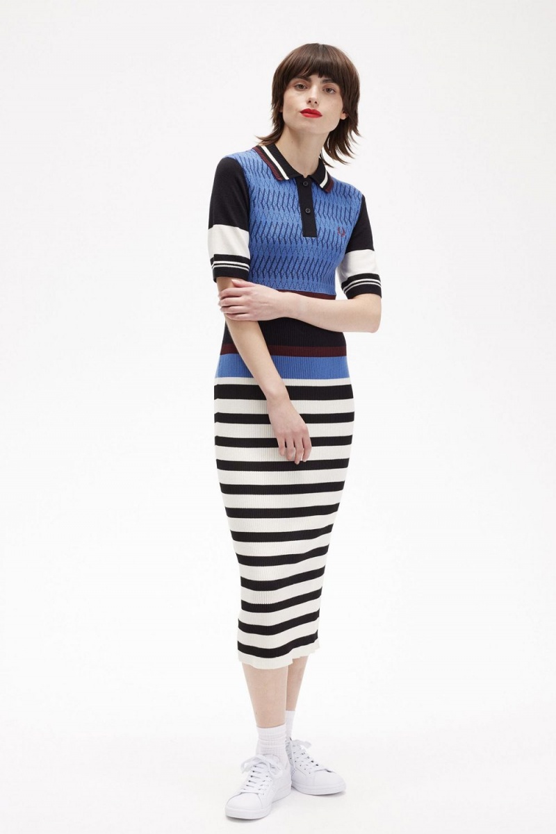 Fred Perry Jacquard Knitted Stripe Women's Dress Twilight Blue | QJMKX9468