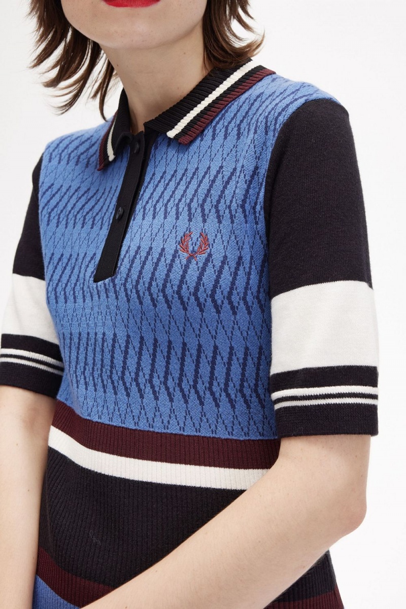 Fred Perry Jacquard Knitted Stripe Women's Dress Twilight Blue | QJMKX9468