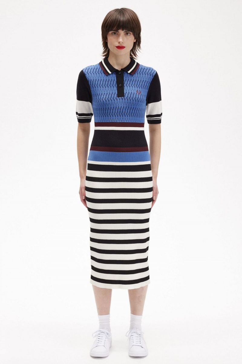 Fred Perry Jacquard Knitted Stripe Women\'s Dress Twilight Blue | QJMKX9468