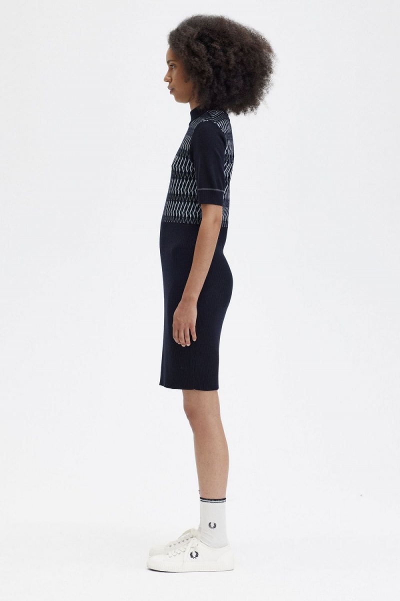 Fred Perry Jacquard Knitted Women's Dress Navy | RUMZN3184