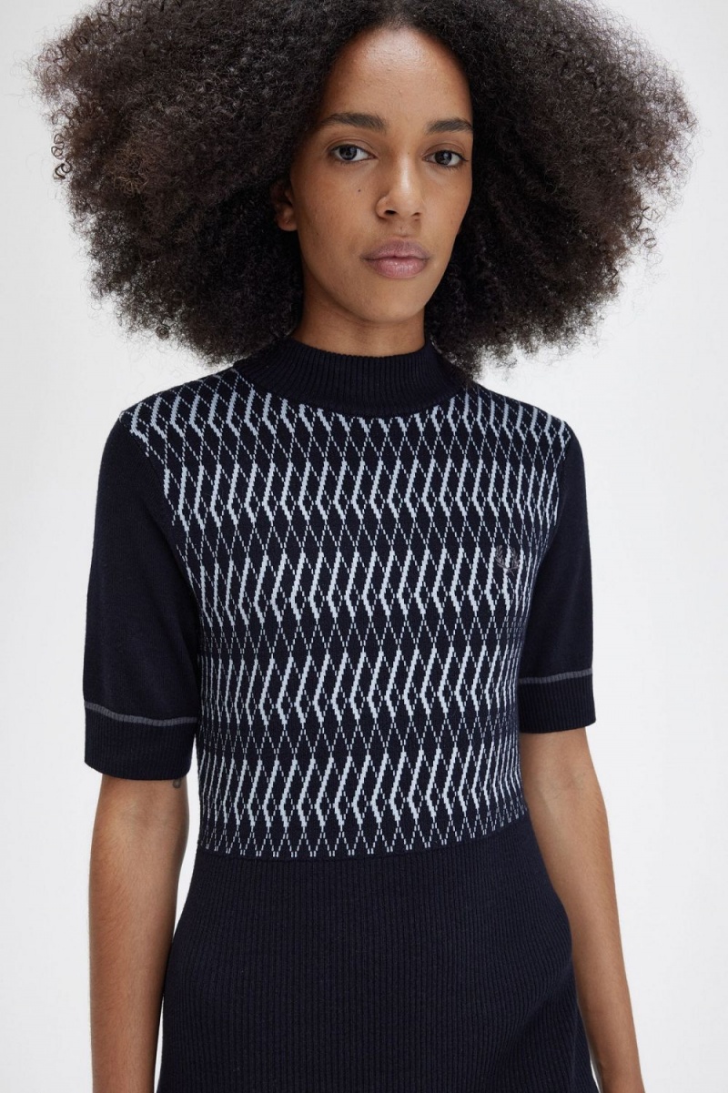 Fred Perry Jacquard Knitted Women's Dress Navy | RUMZN3184