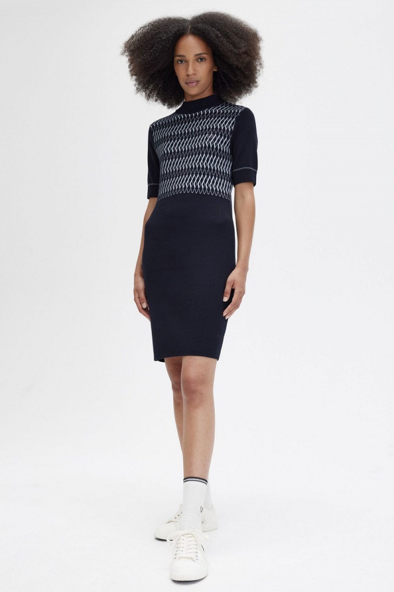 Fred Perry Jacquard Knitted Women's Dress Navy | RUMZN3184