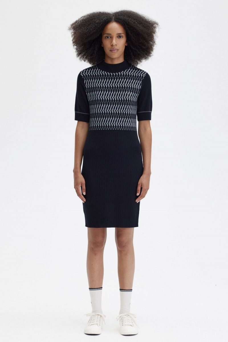 Fred Perry Jacquard Knitted Women\'s Dress Navy | RUMZN3184