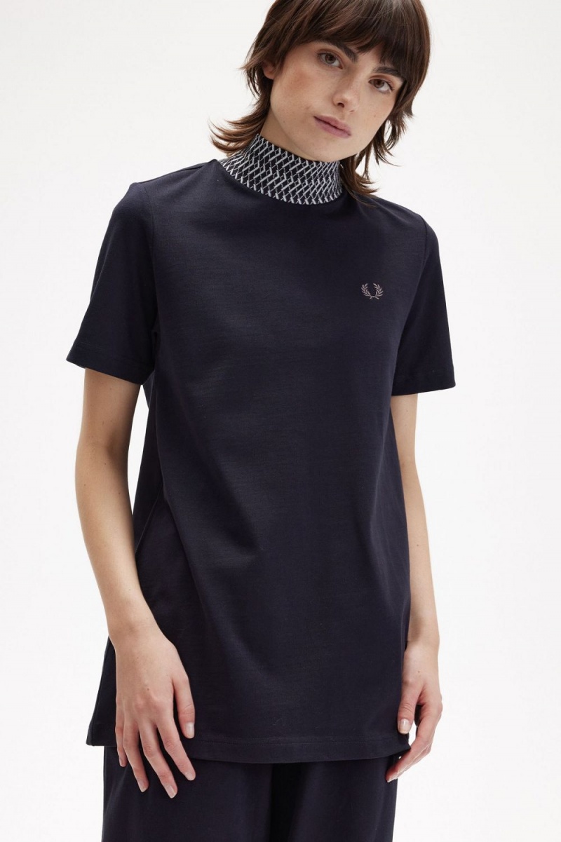 Fred Perry Jacquard Trim High Neck Women's T-Shirt Navy | KVHMD6523