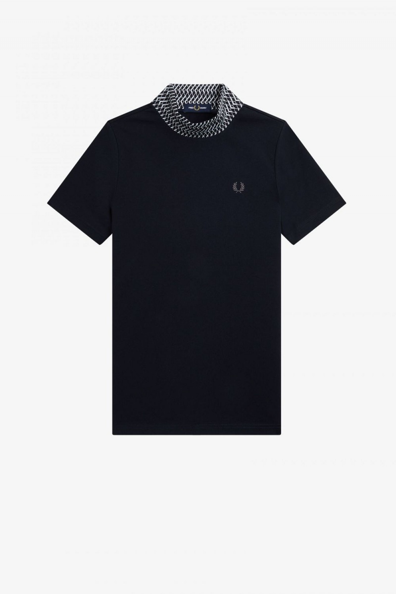 Fred Perry Jacquard Trim High Neck Women's T-Shirt Navy | KVHMD6523