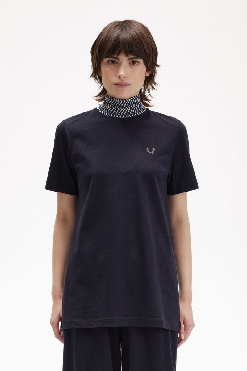 Fred Perry Jacquard Trim High Neck Women\'s T-Shirt Navy | KVHMD6523