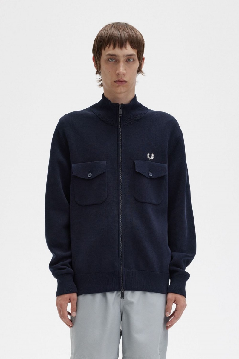 Fred Perry Knitted Men\'s Track Jackets Navy | VUYKF1760