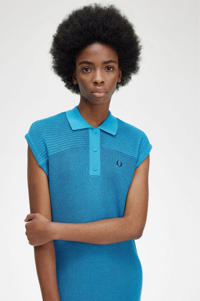 Fred Perry Knitted Shirt Women's Dress Cyber Blue | BFMIQ7639