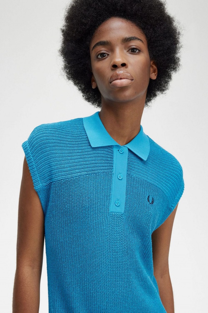 Fred Perry Knitted Shirt Women's Dress Cyber Blue | BFMIQ7639