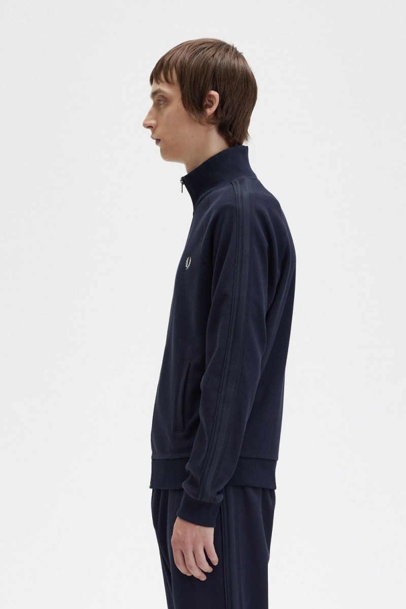 Fred Perry Knitted Tape Men's Track Jackets Navy | JGZUE8675