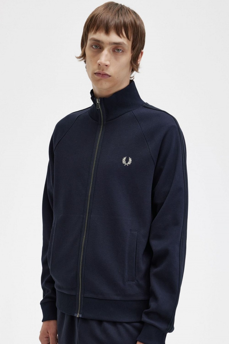 Fred Perry Knitted Tape Men's Track Jackets Navy | JGZUE8675