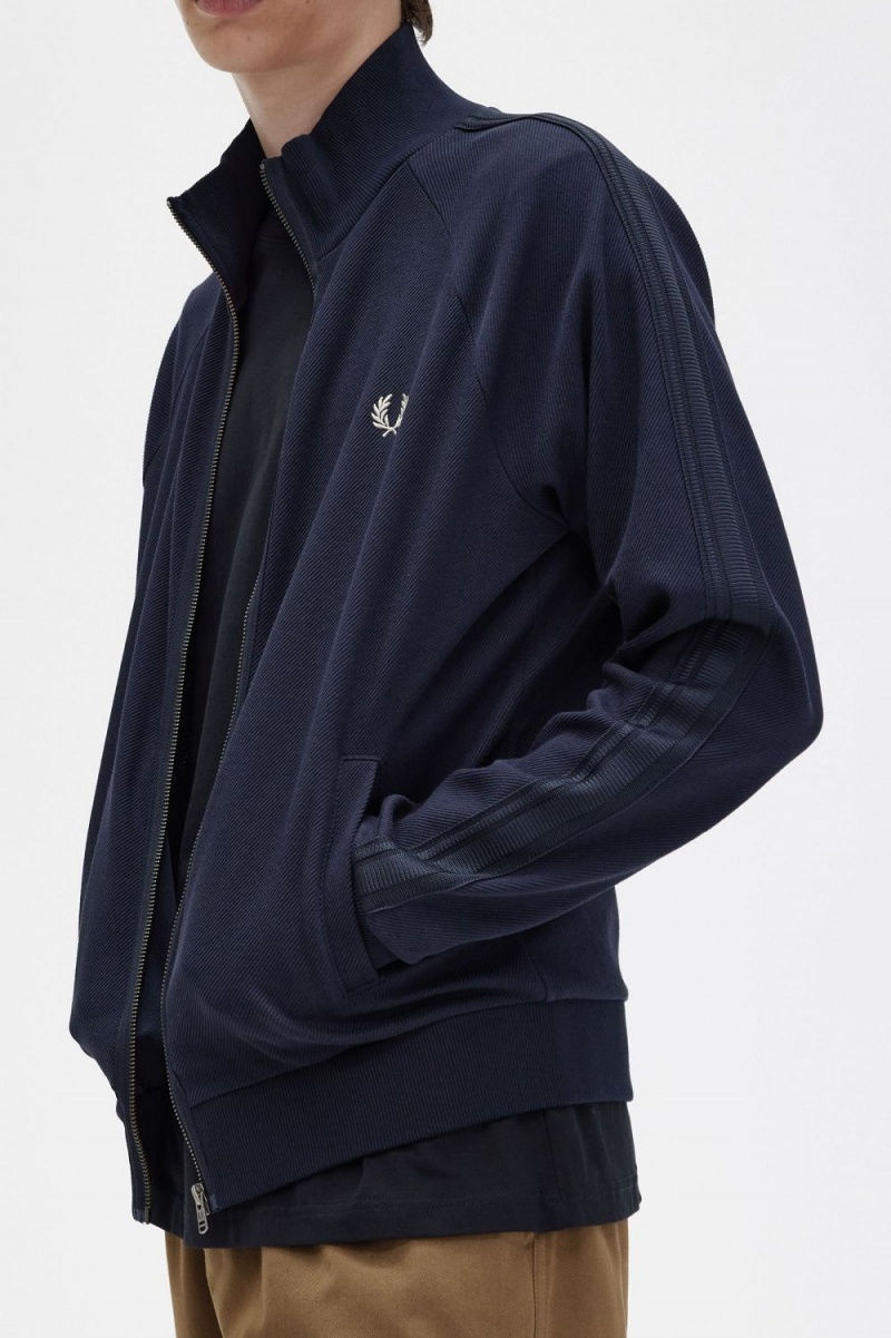 Fred Perry Knitted Tape Men's Track Jackets Navy | JGZUE8675