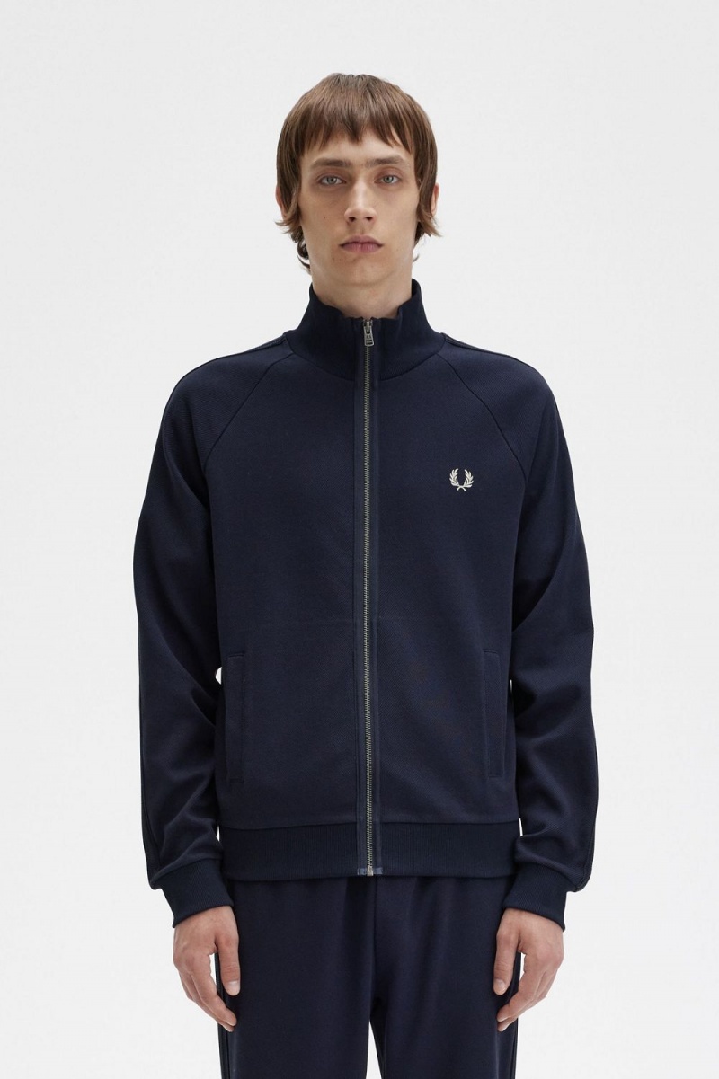 Fred Perry Knitted Tape Men\'s Track Jackets Navy | JGZUE8675