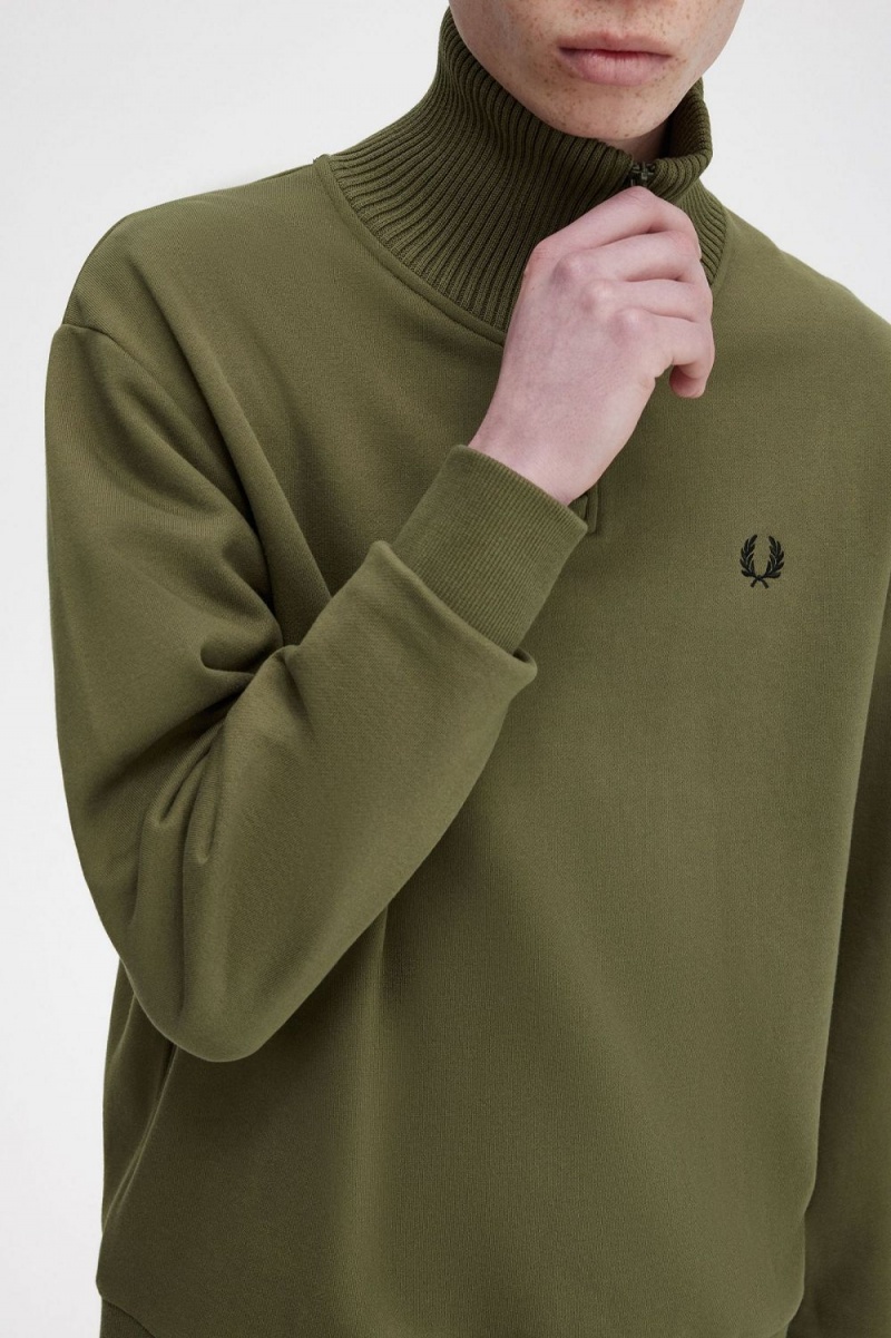 Fred Perry Knitted Trim Zip Neck Men's Sweatshirts Uniform Green | GUAML4570