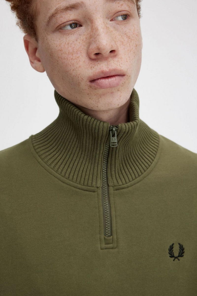 Fred Perry Knitted Trim Zip Neck Men's Sweatshirts Uniform Green | GUAML4570