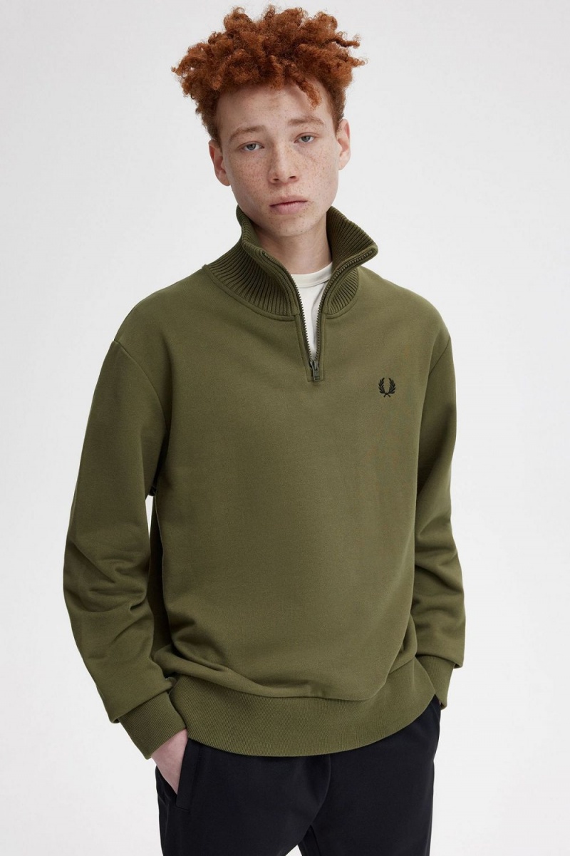 Fred Perry Knitted Trim Zip Neck Men's Sweatshirts Uniform Green | GUAML4570