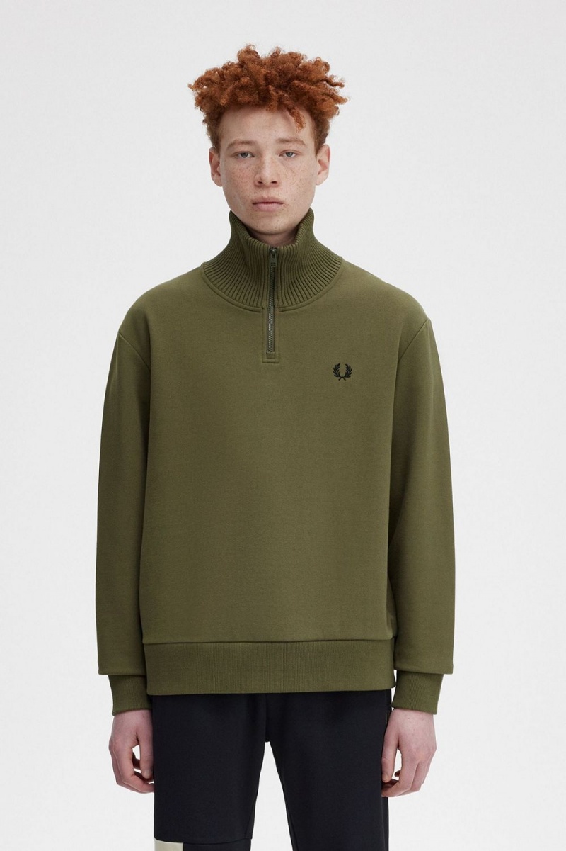 Fred Perry Knitted Trim Zip Neck Men\'s Sweatshirts Uniform Green | GUAML4570