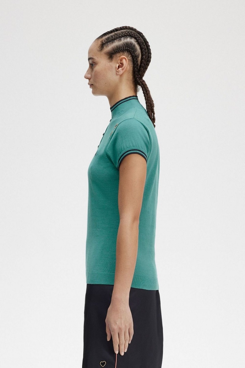 Fred Perry Knitted Women's Shirt Deep Mint | FEPDB1890