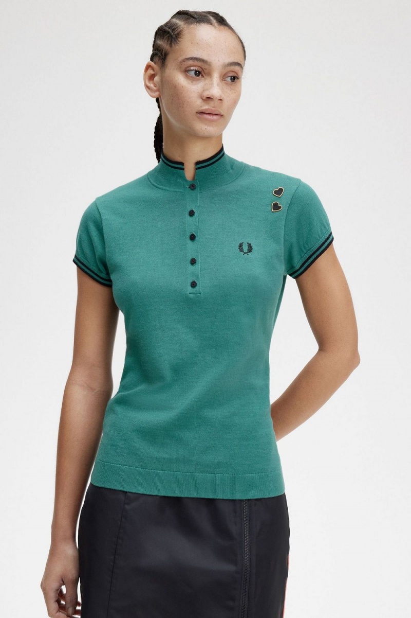 Fred Perry Knitted Women's Shirt Deep Mint | FEPDB1890