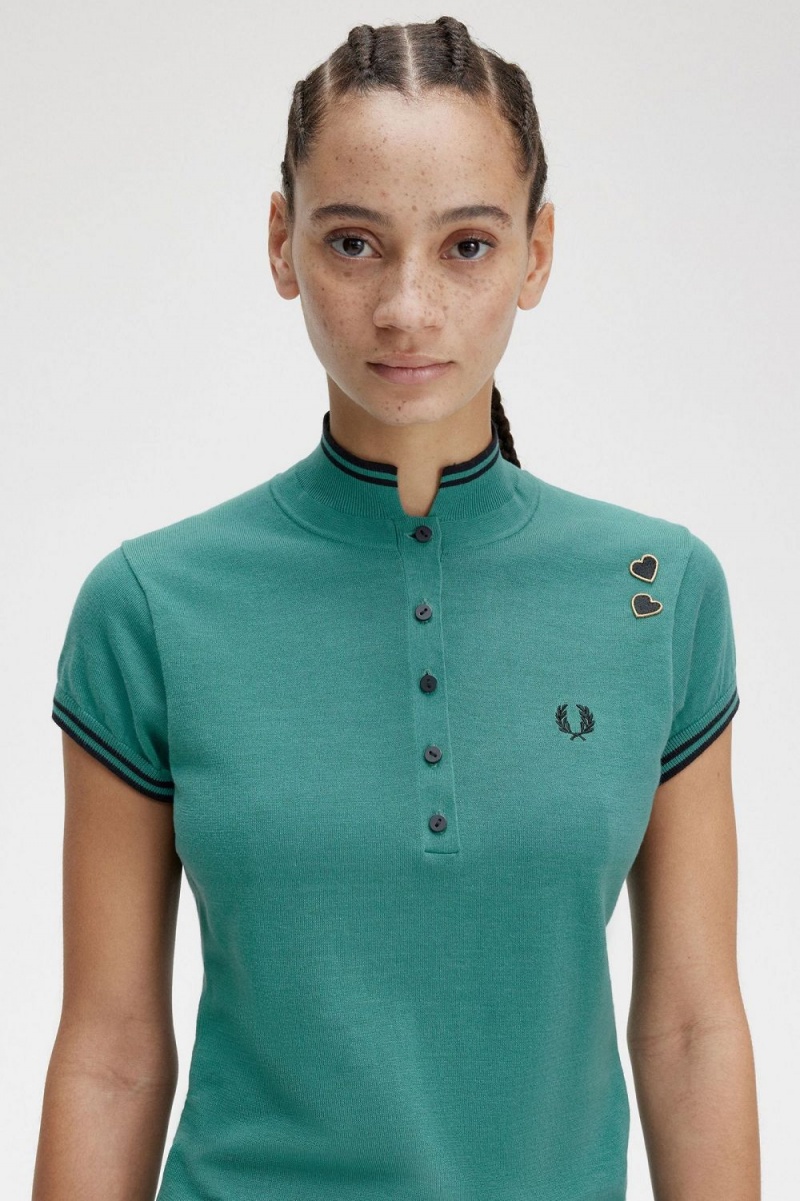 Fred Perry Knitted Women's Shirt Deep Mint | FEPDB1890