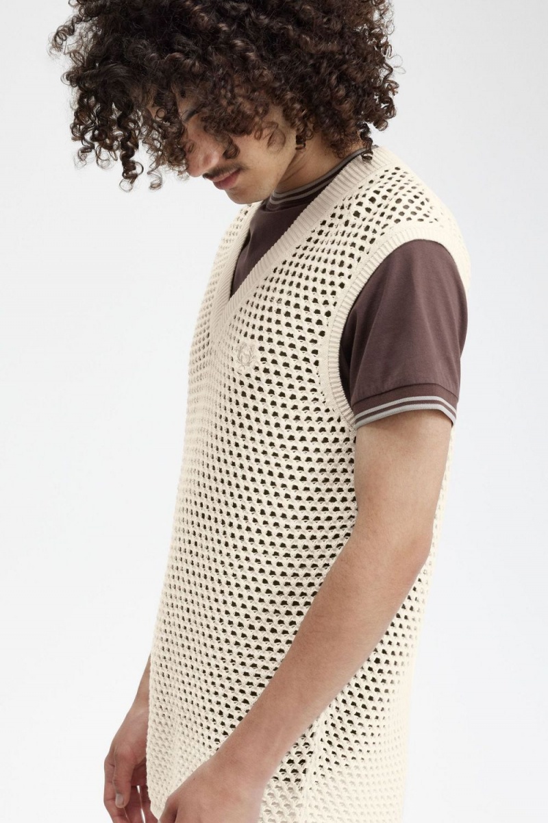 Fred Perry Lace Knit Men's Tanks Beige | QZSET8315