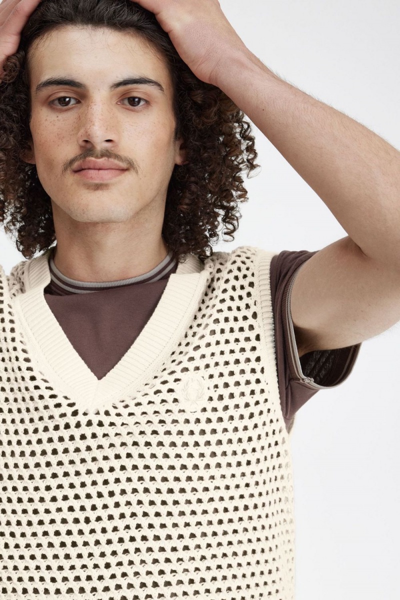 Fred Perry Lace Knit Men's Tanks Beige | QZSET8315