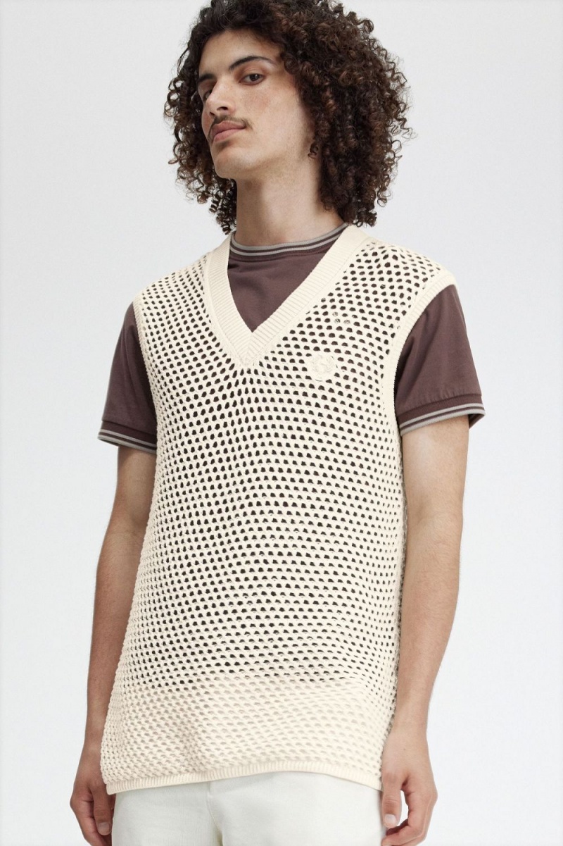 Fred Perry Lace Knit Men's Tanks Beige | QZSET8315