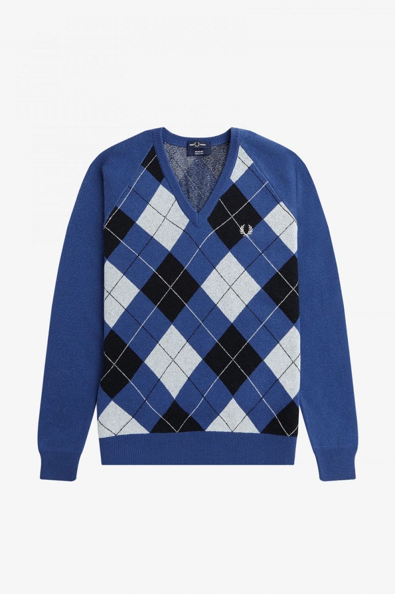 Fred Perry Lambswool Argyle V-Neck Men's Jumper Cobalt | PVNRD7345