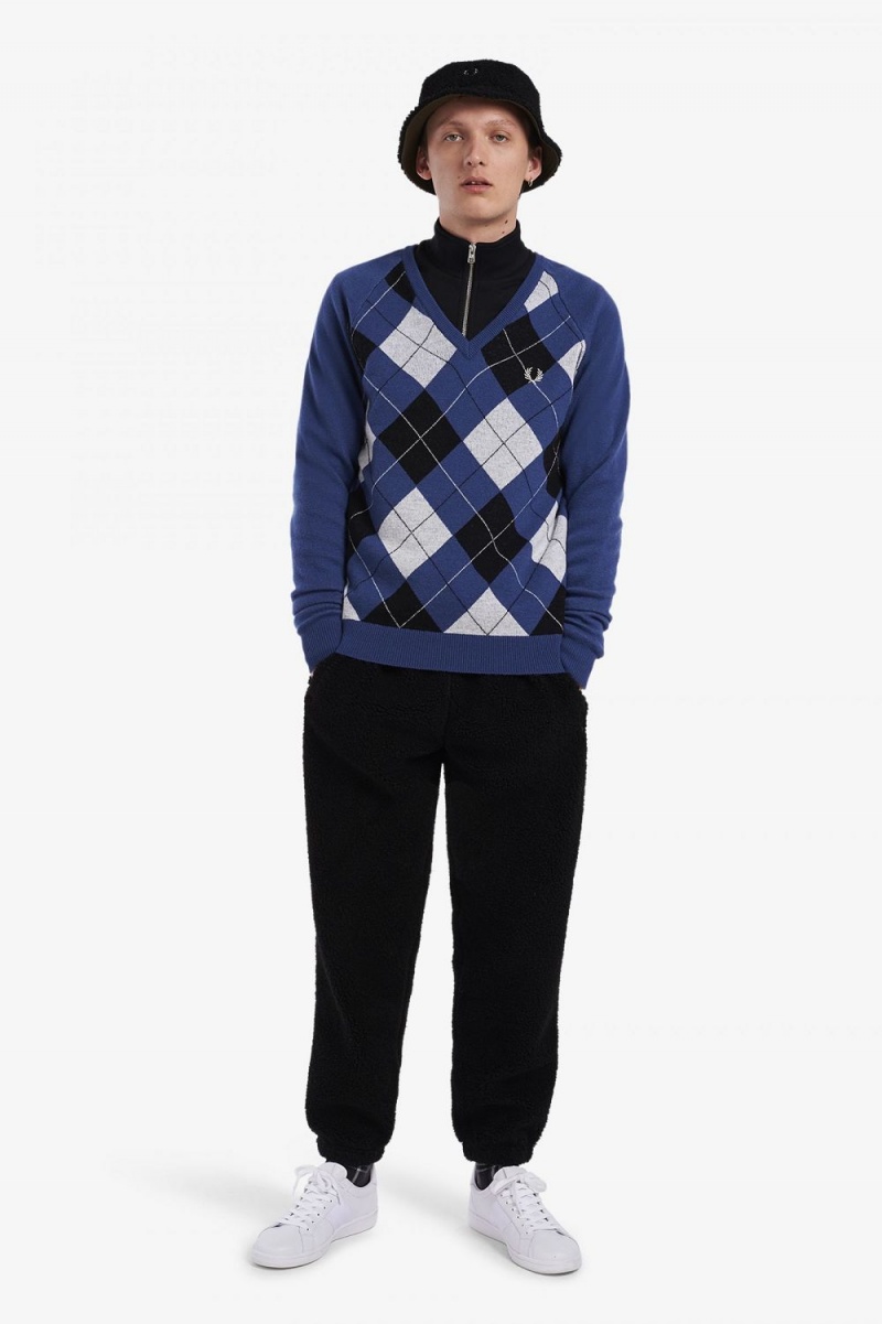 Fred Perry Lambswool Argyle V-Neck Men's Jumper Cobalt | PVNRD7345