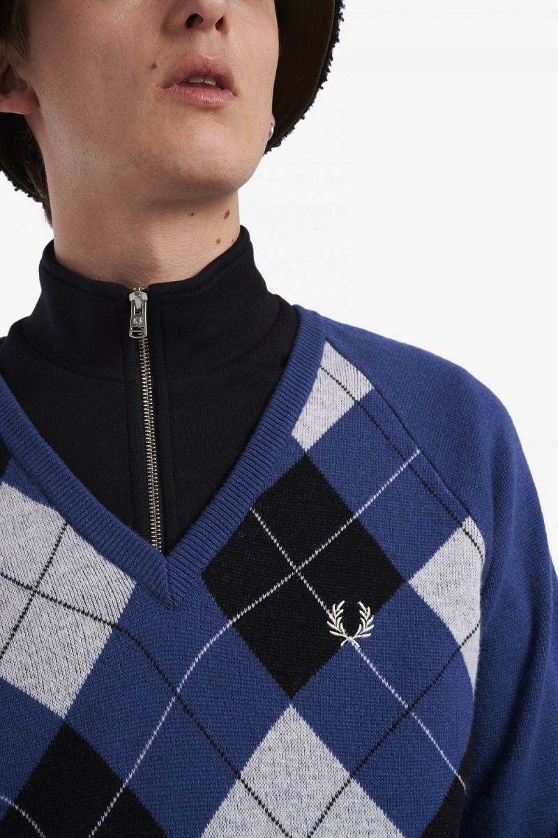 Fred Perry Lambswool Argyle V-Neck Men's Jumper Cobalt | PVNRD7345