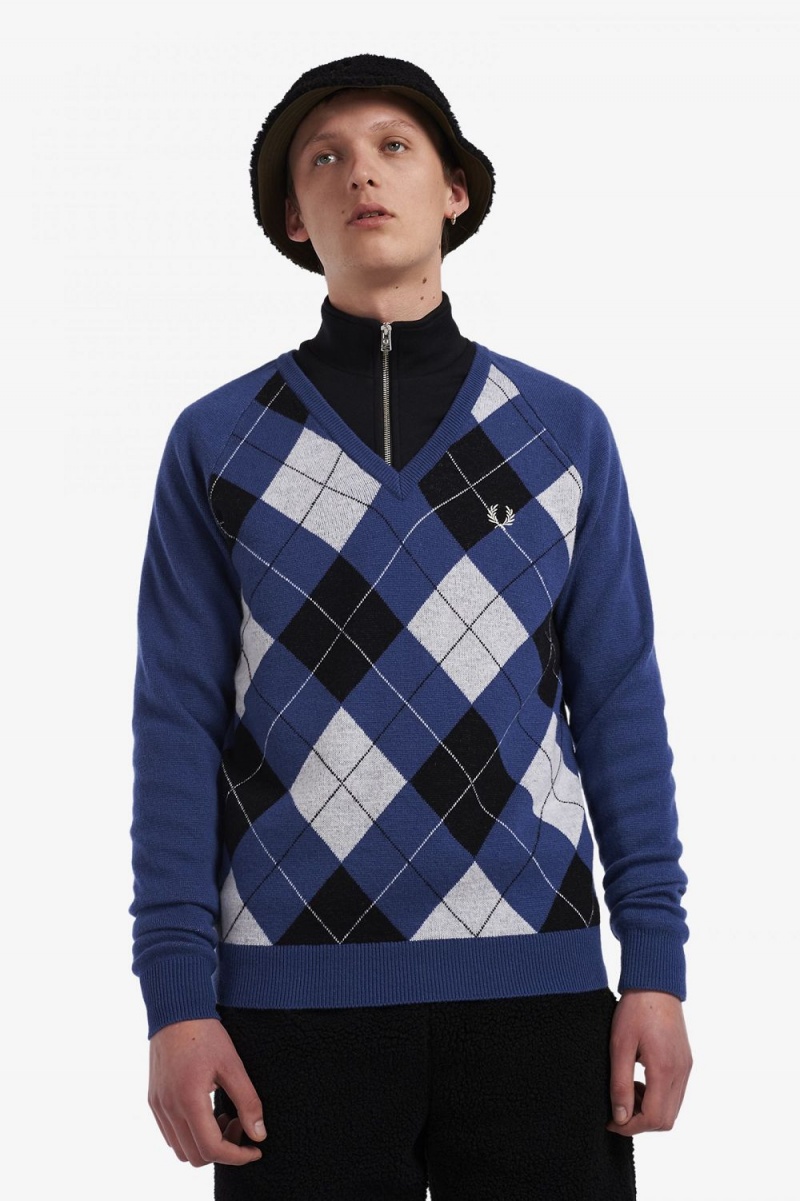 Fred Perry Lambswool Argyle V-Neck Men\'s Jumper Cobalt | PVNRD7345