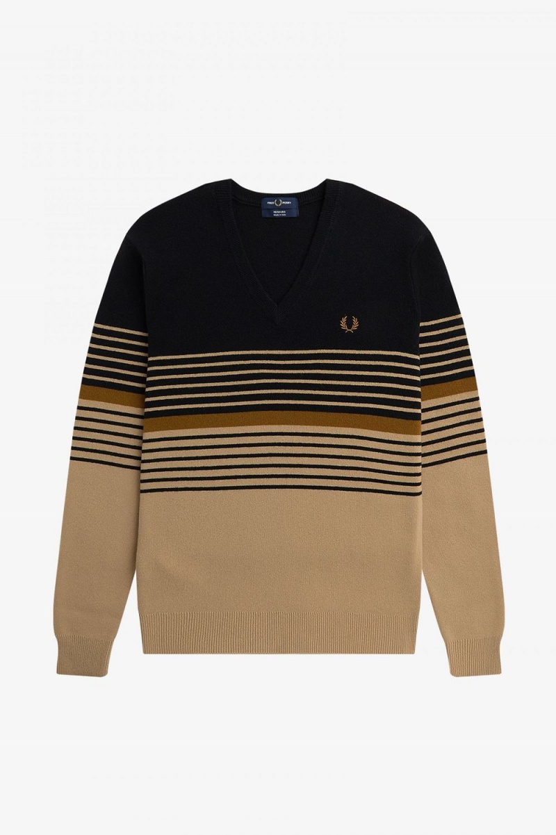 Fred Perry Lambswool Striped Men's Jumper Khaki | EVLGH9038