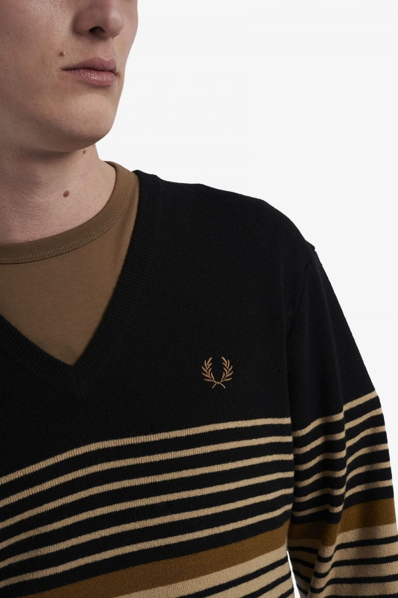 Fred Perry Lambswool Striped Men's Jumper Khaki | EVLGH9038