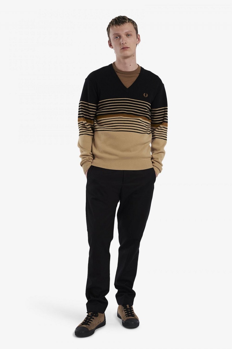 Fred Perry Lambswool Striped Men's Jumper Khaki | EVLGH9038