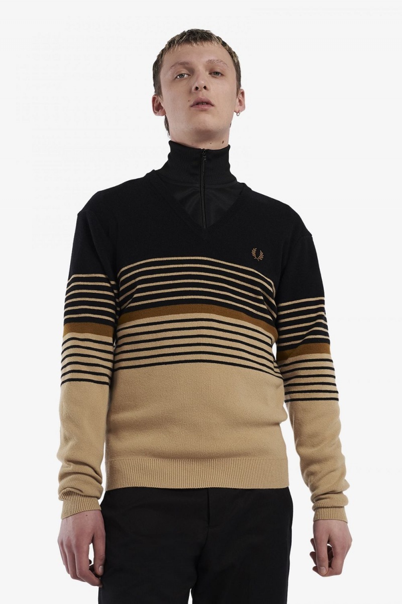 Fred Perry Lambswool Striped Men\'s Jumper Khaki | EVLGH9038