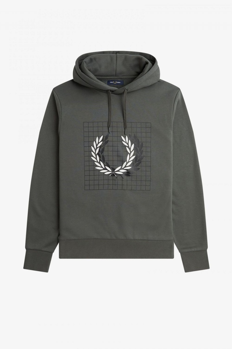 Fred Perry Laurel Wreath Grid Hooded Men\'s Sweatshirts Field Green | TDEIU5186