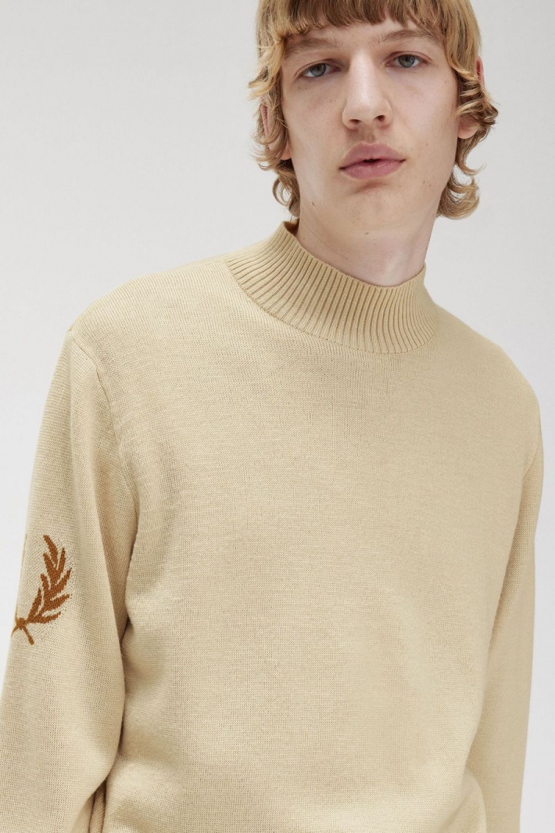 Fred Perry Laurel Wreath Mock Neck Men's Jumper Oatmeal | ZXARM9786