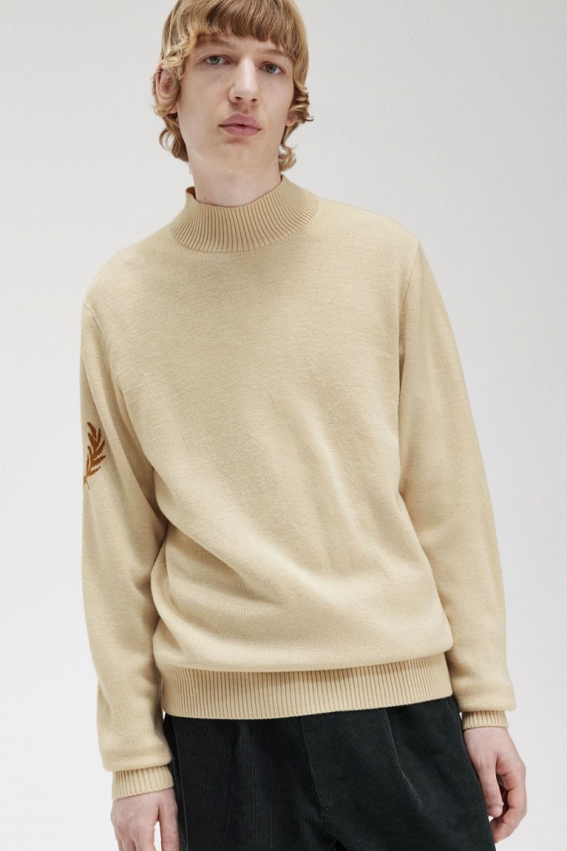 Fred Perry Laurel Wreath Mock Neck Men's Jumper Oatmeal | ZXARM9786