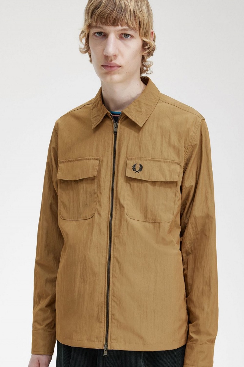 Fred Perry Lightweight Zip-Through Men's Shirt Brown | JITOK5184