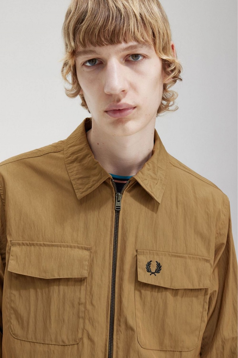 Fred Perry Lightweight Zip-Through Men's Shirt Brown | JITOK5184