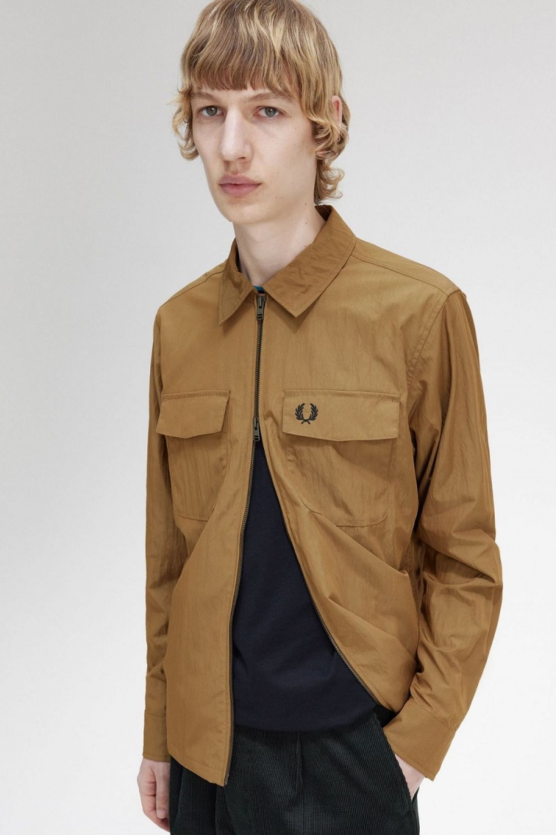 Fred Perry Lightweight Zip-Through Men's Shirt Brown | JITOK5184