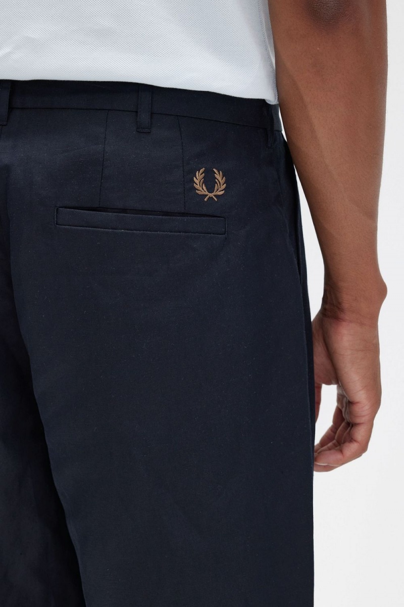 Fred Perry Linen Blend Cropped Men's Pants Navy | BWUTG5628